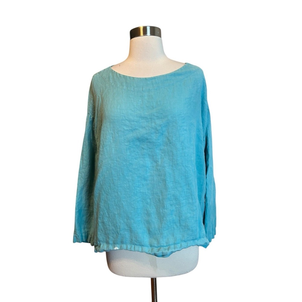 Bryn Walker Linen Top Size Small Turquoise Blue Long Sleeve FLAWED